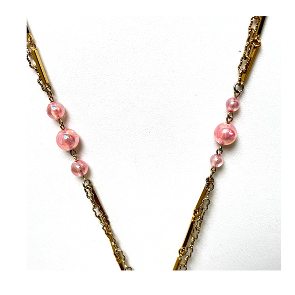Coro Tassel Necklace Pink Dangle Beads Bar Links Gold Tone 27" Soft Boho Vtg - Picture 12 of 13